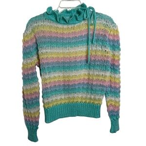 Vintage Pastel Popcorn Knit Sweater Size Small Medium Rainbow Stripe 80s